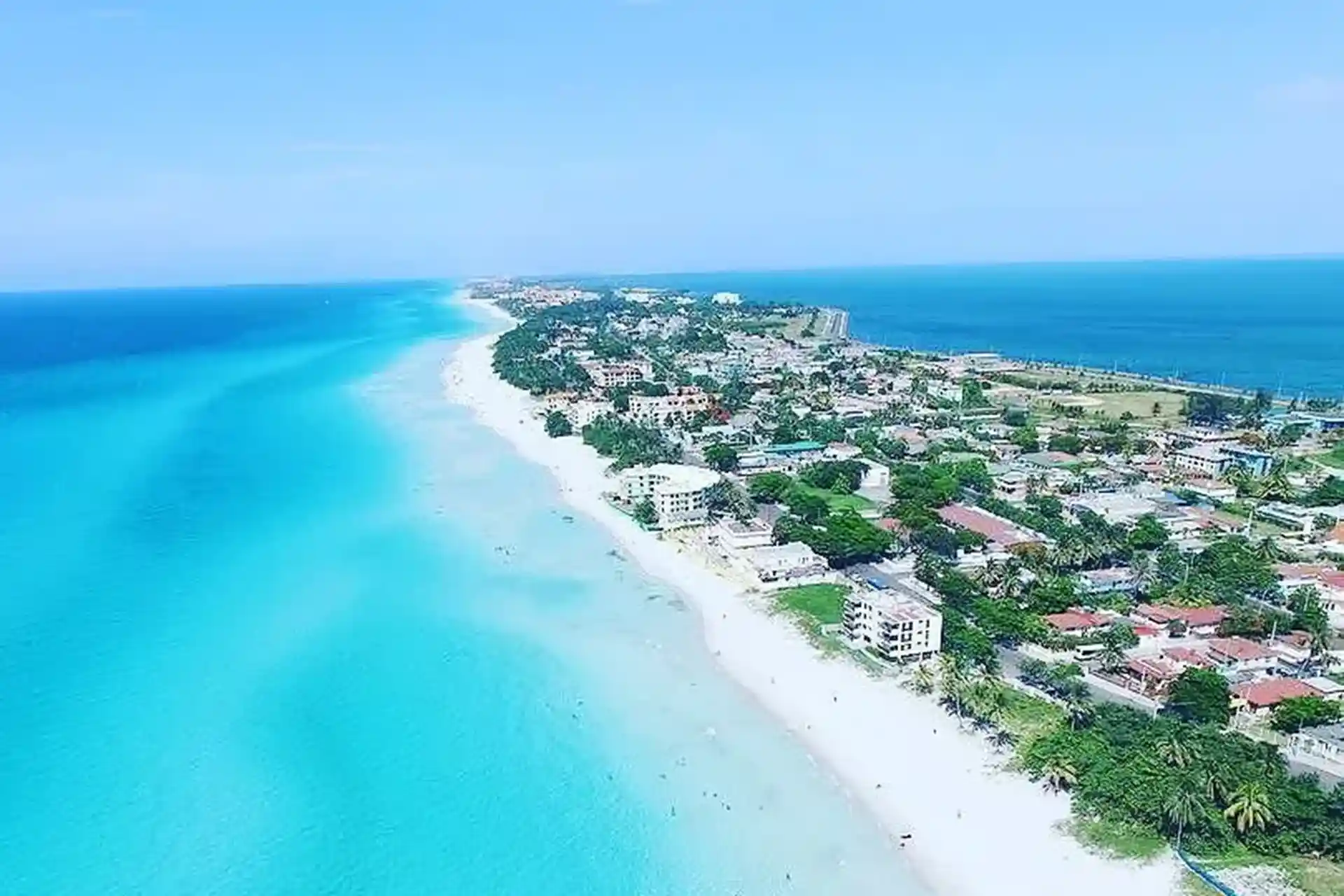 Aerial view of the Varadero waterfront with white sands and calmed blue waters